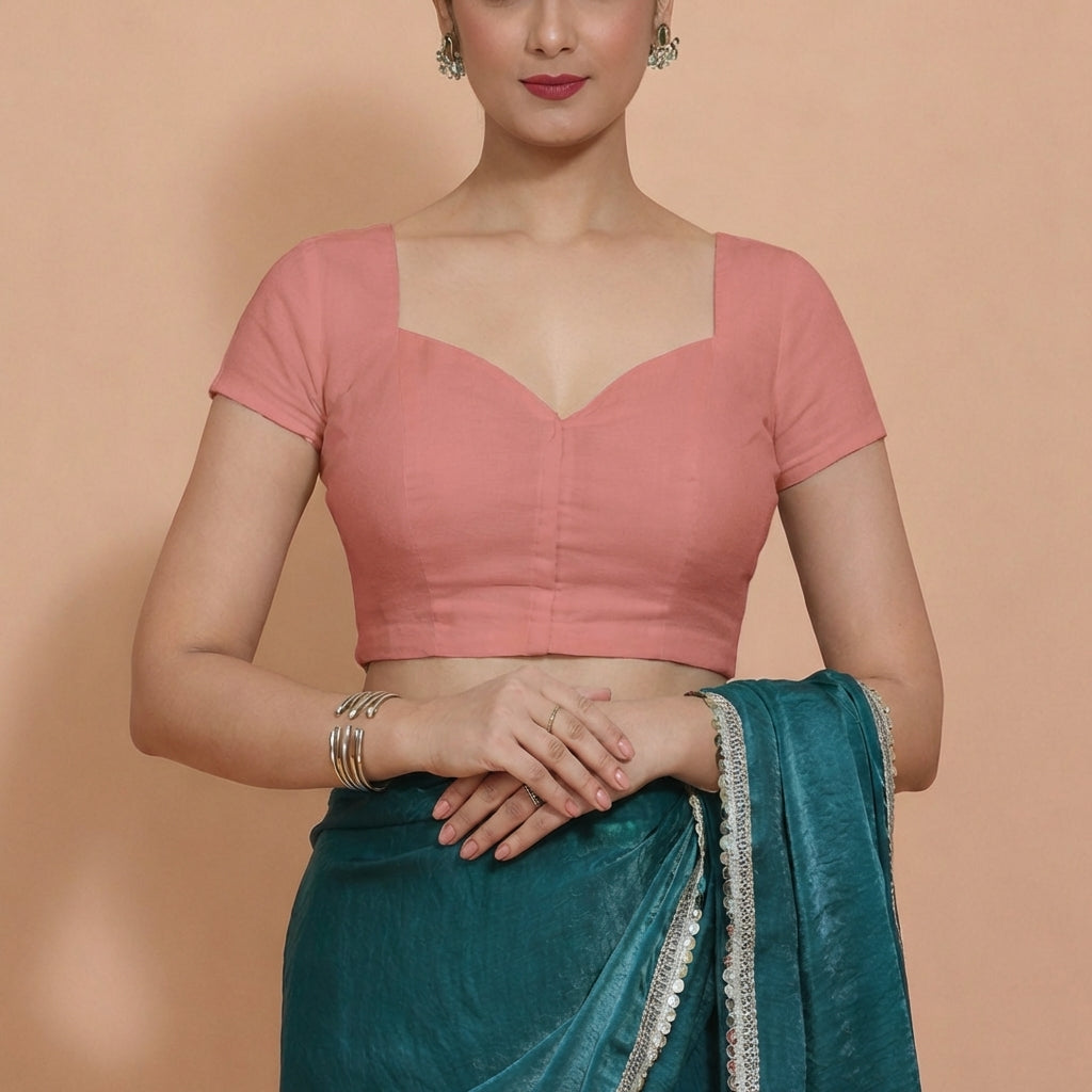 Mansi x Rozaana Saree Blouse, in Peach 100% Cotton, featuring short sleeves and sweetheart neckline, made for daily & work.