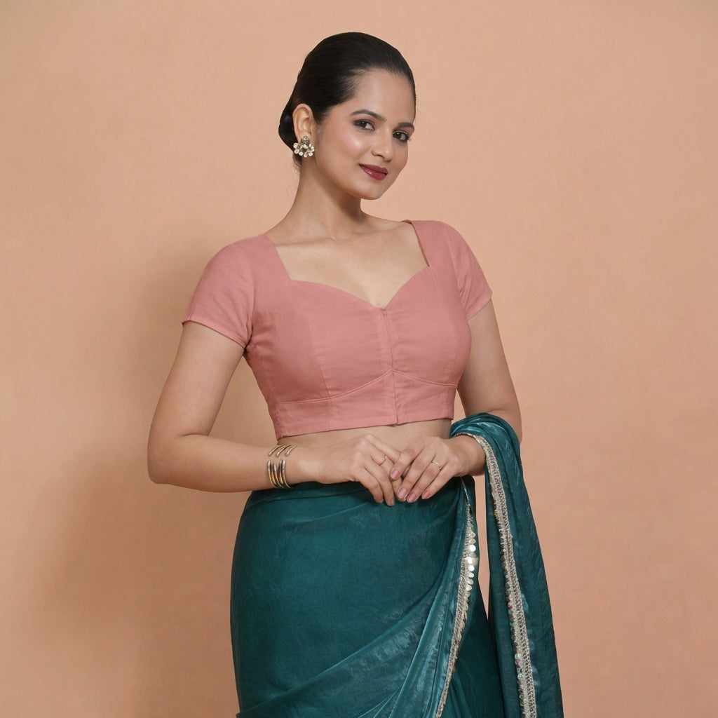 Mansi x Rozaana Saree Blouse, in Peach 100% Cotton, featuring short sleeves and sweetheart neckline, made for daily & work.
