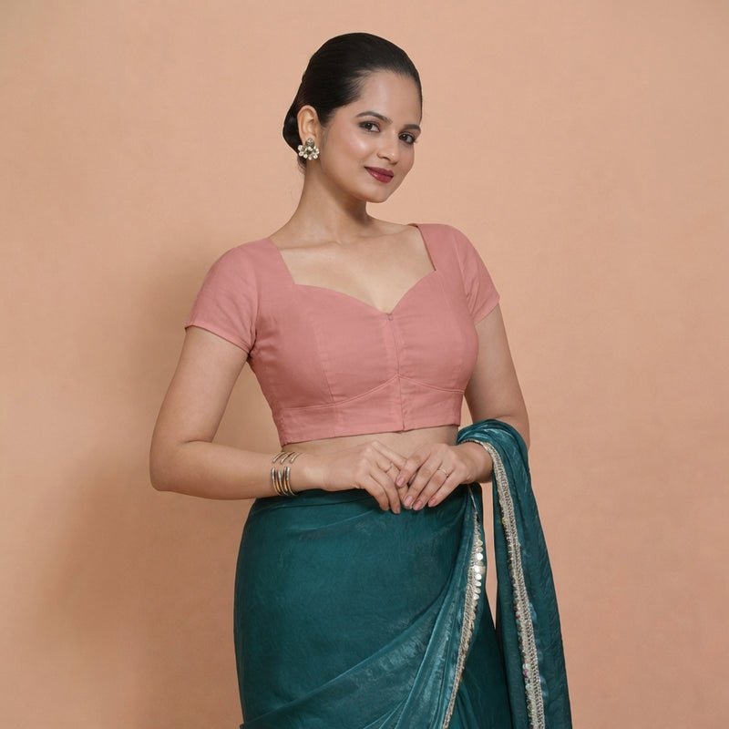 Mansi x Rozaana | Short Sleeves Soft Peach Cotton Saree Blouse-Binks