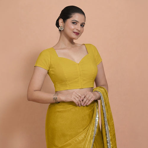 Mansi x Rozaana Saree Blouse, in Yellow 100% Cotton, featuring short sleeves and sweetheart neckline, made for daily & work.
