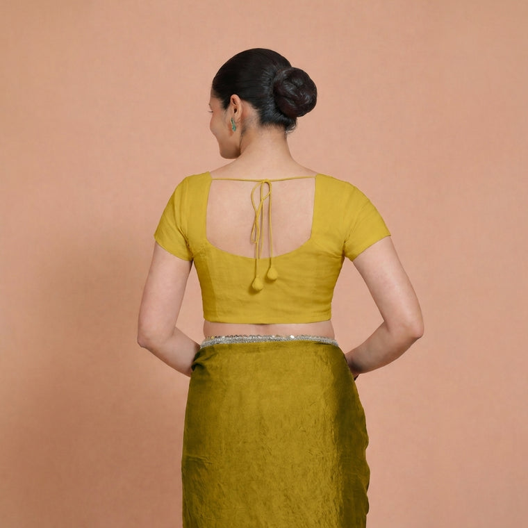 Mansi x Rozaana Saree Blouse, in Yellow 100% Cotton, featuring short sleeves and sweetheart neckline, made for daily & work.