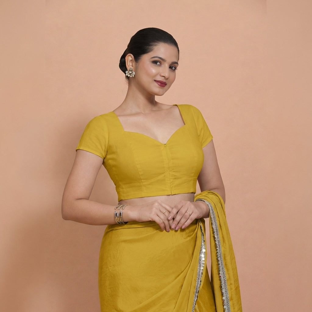 Mansi x Rozaana Saree Blouse, in Yellow 100% Cotton, featuring short sleeves and sweetheart neckline, made for daily & work.