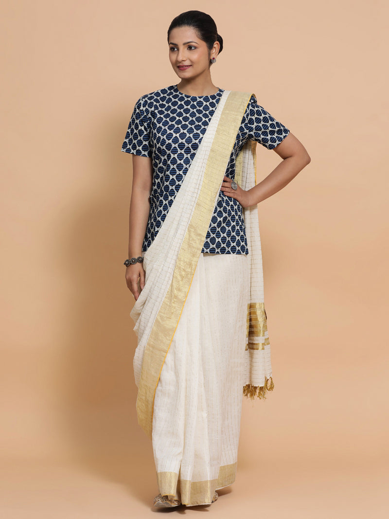 Mariam x Rozaana | Short Sleeves Cotton Saree Blouse in Indigo Blue Leaf Block Print Fabric-Binks