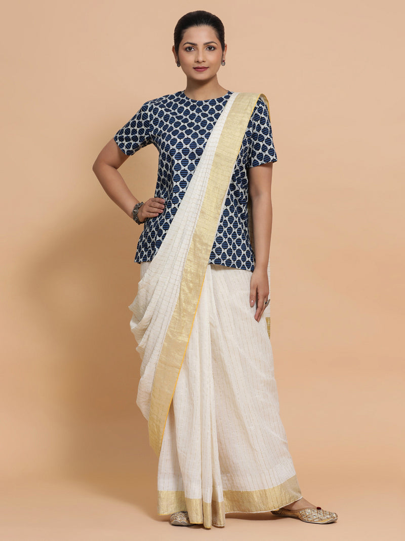 Mariam x Rozaana | Short Sleeves Cotton Saree Blouse in Indigo Blue Leaf Block Print Fabric-Binks