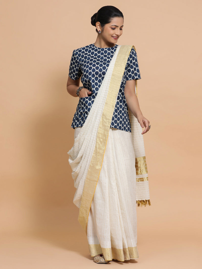 Mariam x Rozaana | Short Sleeves Cotton Saree Blouse in Indigo Blue Leaf Block Print Fabric-Binks