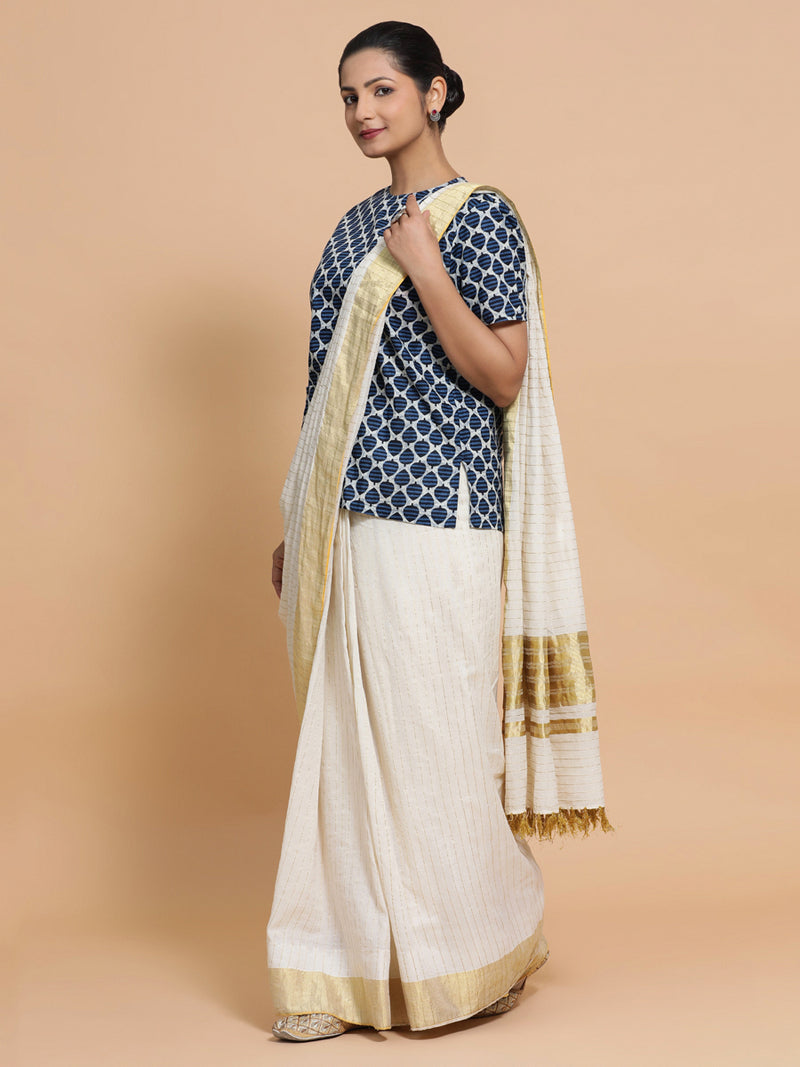 Mariam x Rozaana | Short Sleeves Cotton Saree Blouse in Indigo Blue Leaf Block Print Fabric-Binks