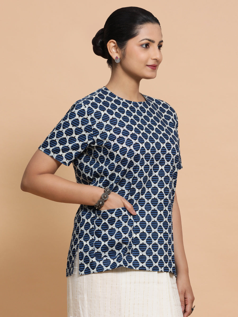 Mariam x Rozaana Saree Blouse, in Blue Cotton, featuring short sleeves and jewel neckline, made for daily & work (view 6).