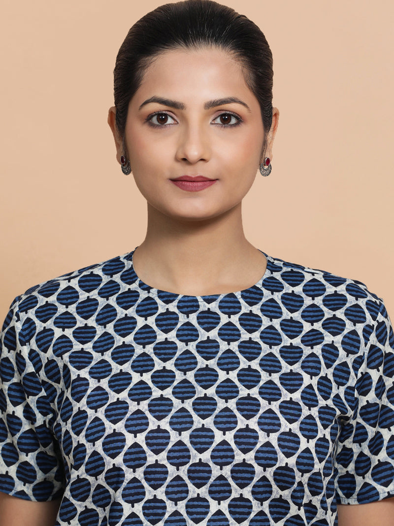 Mariam x Rozaana | Short Sleeves Cotton Saree Blouse in Indigo Blue Leaf Block Print Fabric-Binks