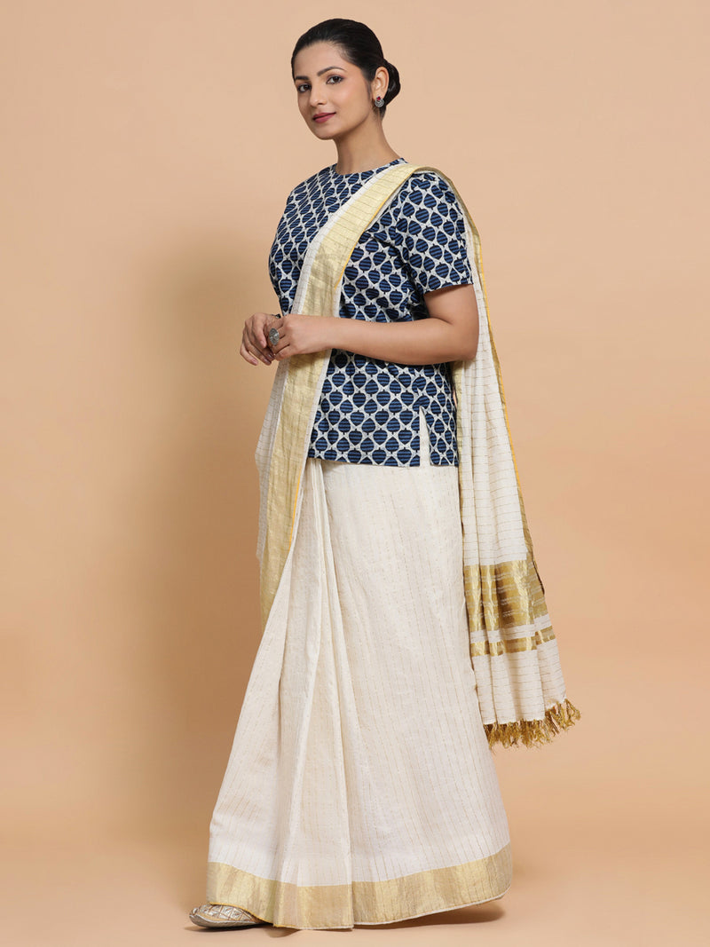 Mariam x Rozaana | Short Sleeves Cotton Saree Blouse in Indigo Blue Leaf Block Print Fabric-Binks