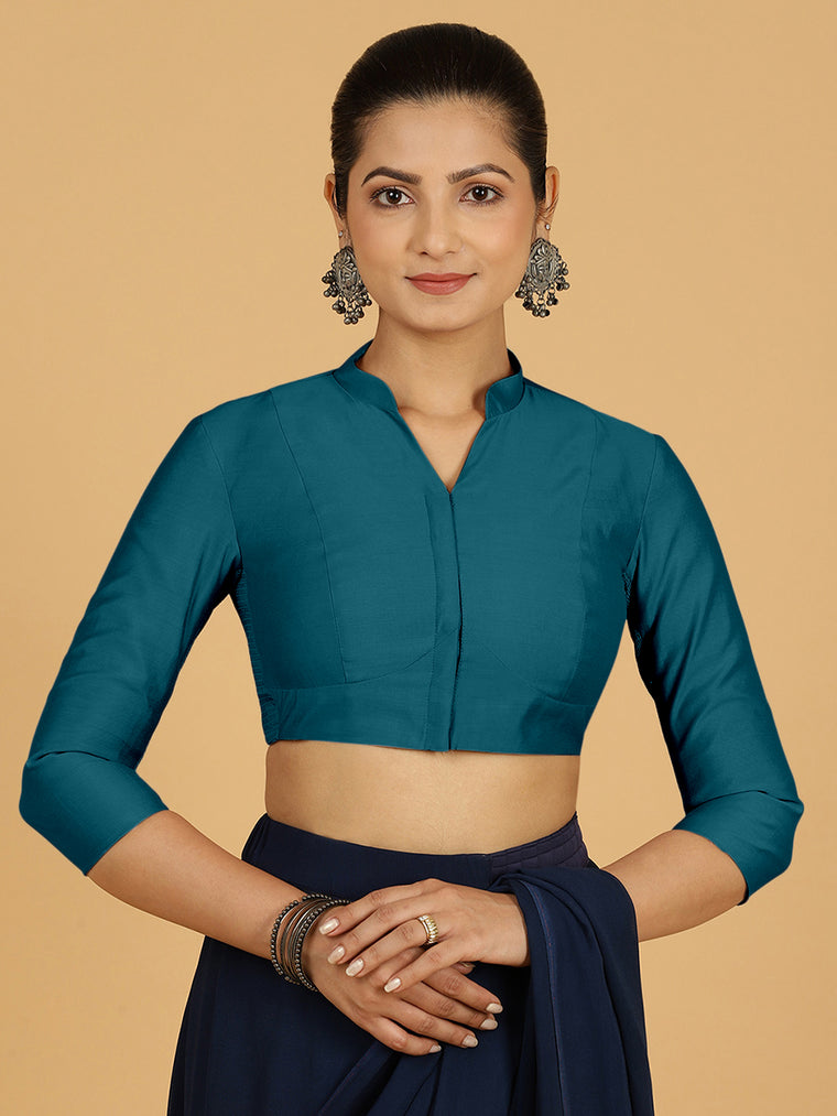 Maya x Rozaana Saree Blouse, in Blue Viscose, featuring three quarter sleeves and stylised neckline, made for daily & work.
