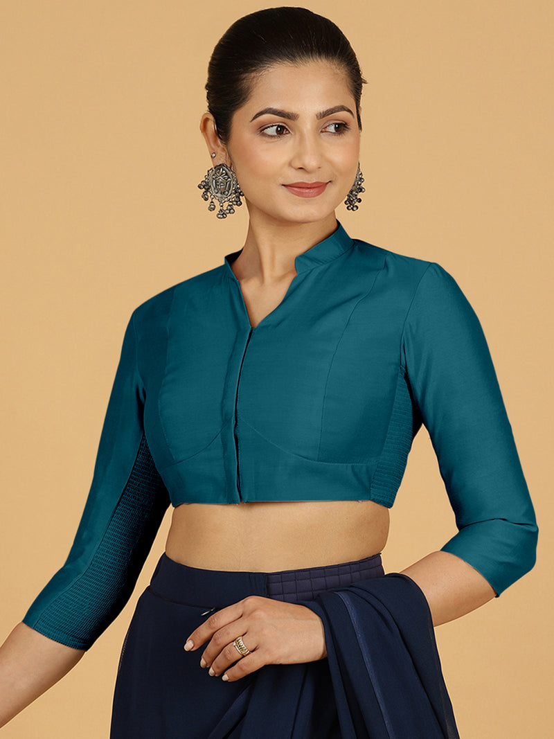 Maya x Rozaana | Three Quarter Sleeves Saree Blouse in Crystal Teal-Binks