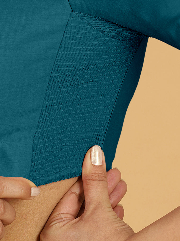 Maya x Rozaana Saree Blouse, in Blue Viscose, featuring three quarter sleeves and stylised neckline, made for daily & work.