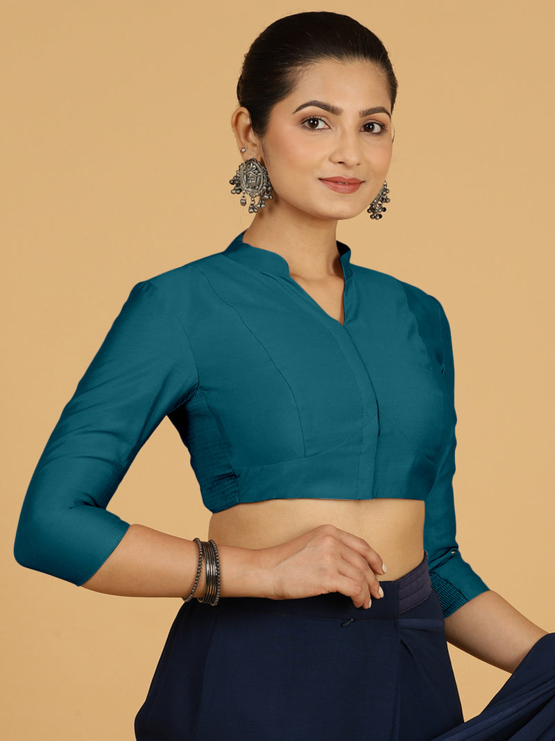 Maya x Rozaana | Three Quarter Sleeves Saree Blouse in Crystal Teal-Binks