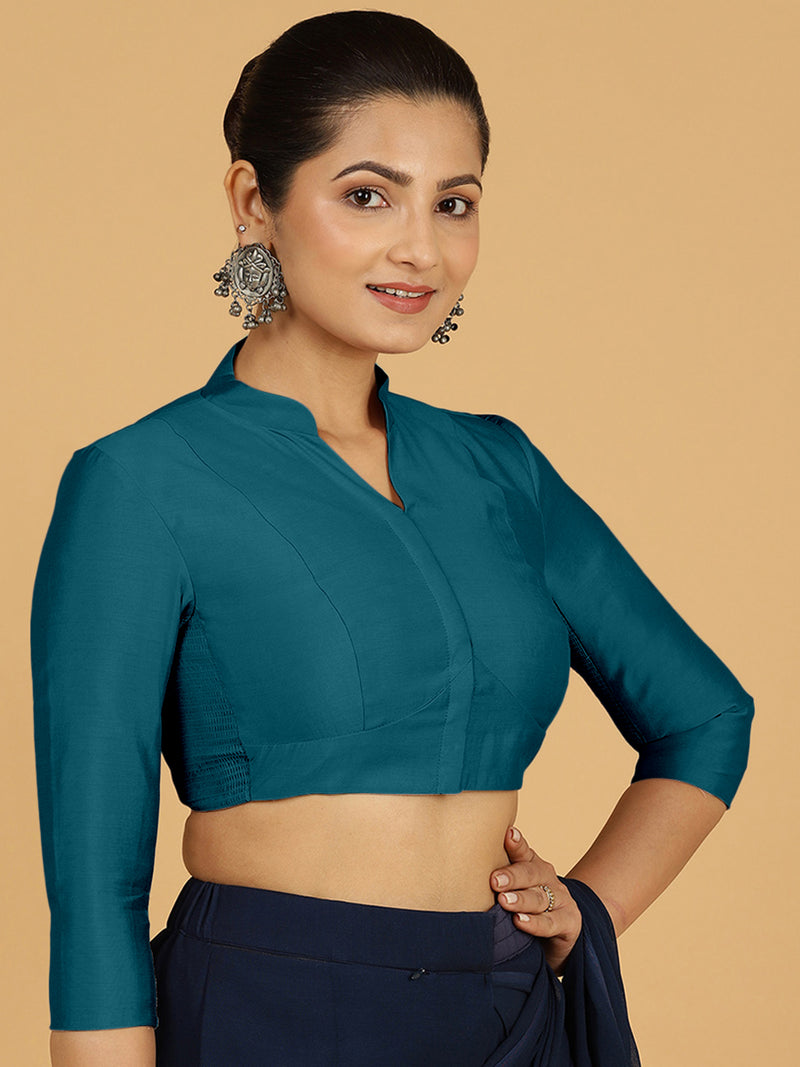 Maya x Rozaana | Three Quarter Sleeves Saree Blouse in Crystal Teal-Binks