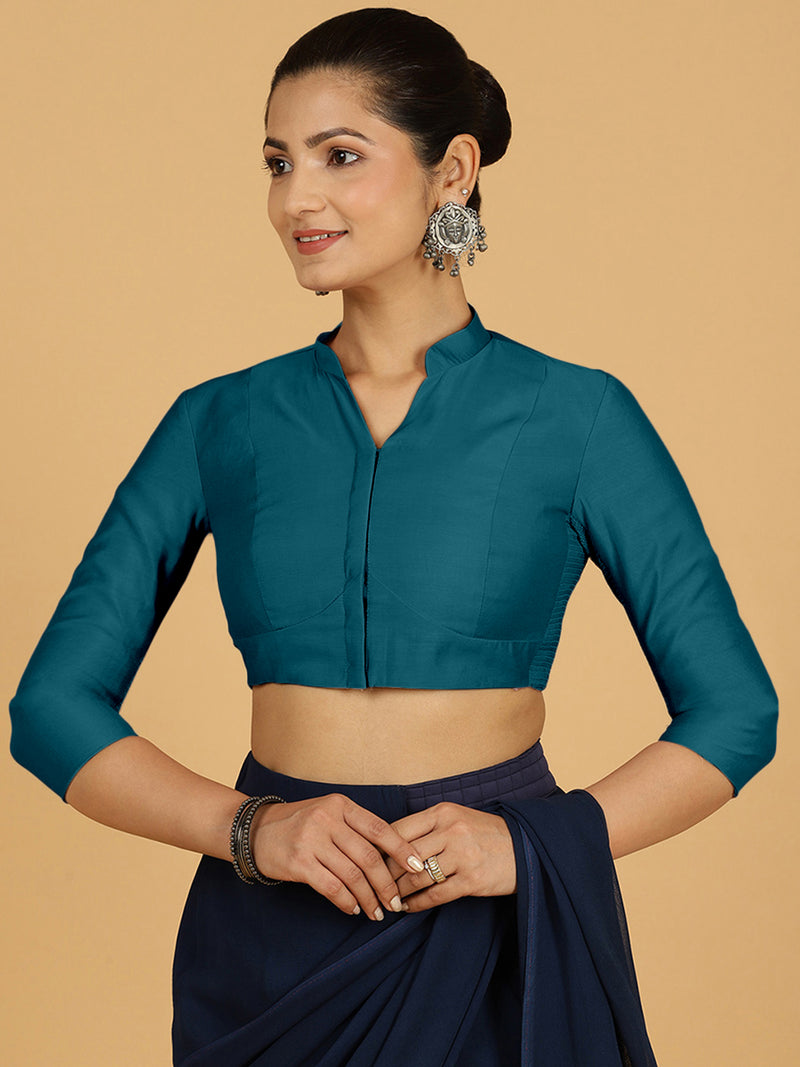Maya x Rozaana | Three Quarter Sleeves Saree Blouse in Crystal Teal-Binks
