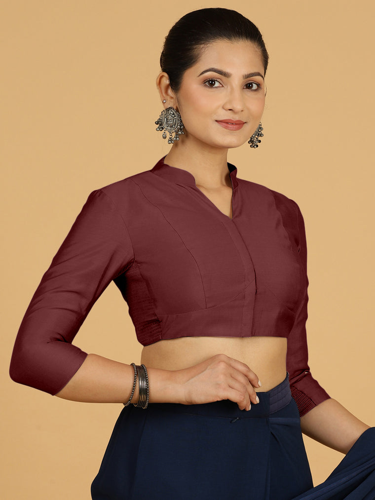 Maya x Rozaana Saree Blouse, in Maroon Viscose, featuring three quarter sleeves and stylised neckline, made for daily & work.