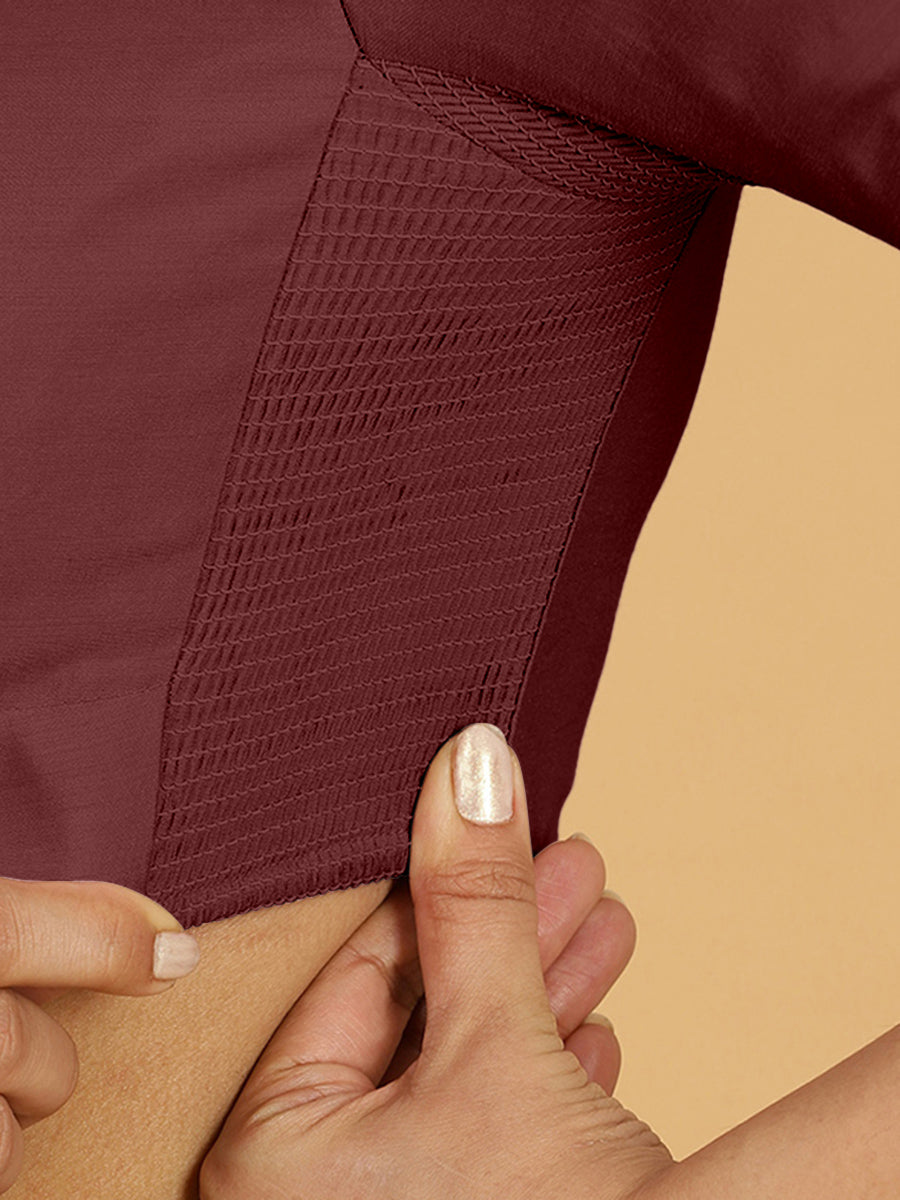 Maya x Rozaana Saree Blouse, in Maroon Viscose, featuring three quarter sleeves and stylised neckline, made for daily & work.