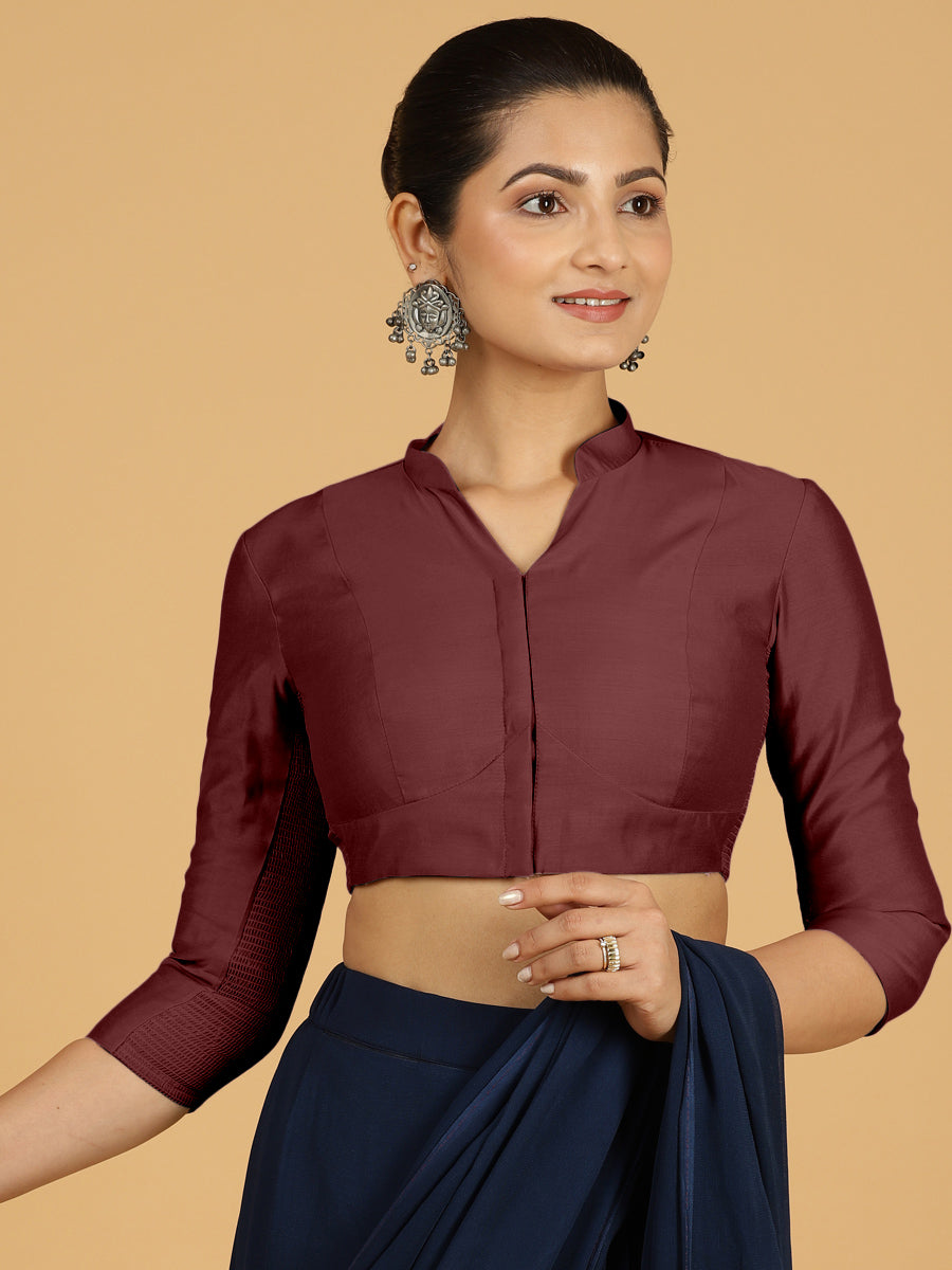 Maya x Rozaana Saree Blouse, in Maroon Viscose, featuring three quarter sleeves and stylised neckline, made for daily & work.