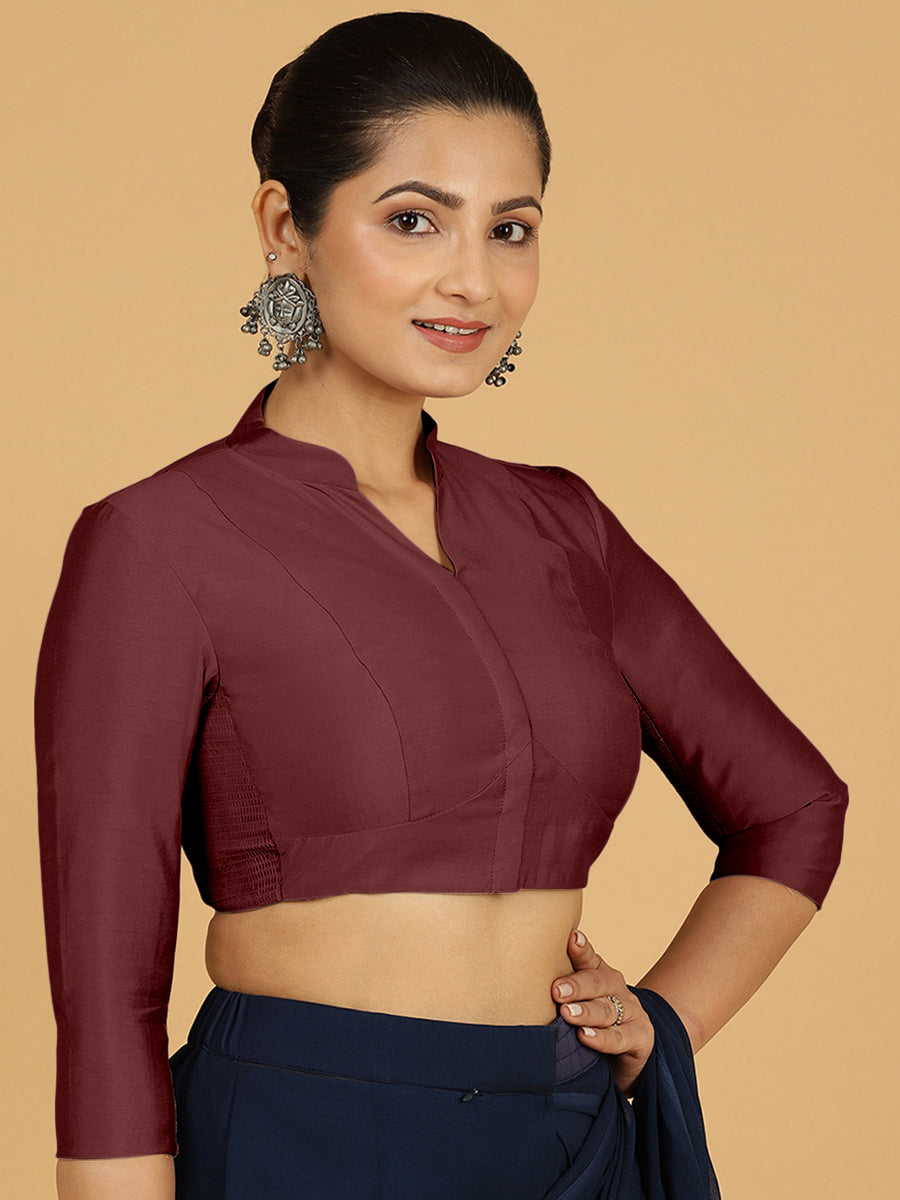 Maya x Rozaana Saree Blouse, in Maroon Viscose, featuring three quarter sleeves and stylised neckline, made for daily & work.