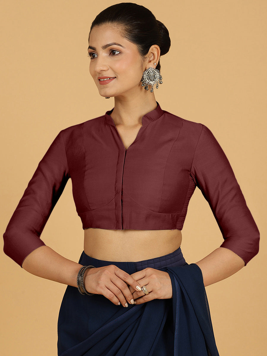Maya x Rozaana Saree Blouse, in Maroon Viscose, featuring three quarter sleeves and stylised neckline, made for daily & work.
