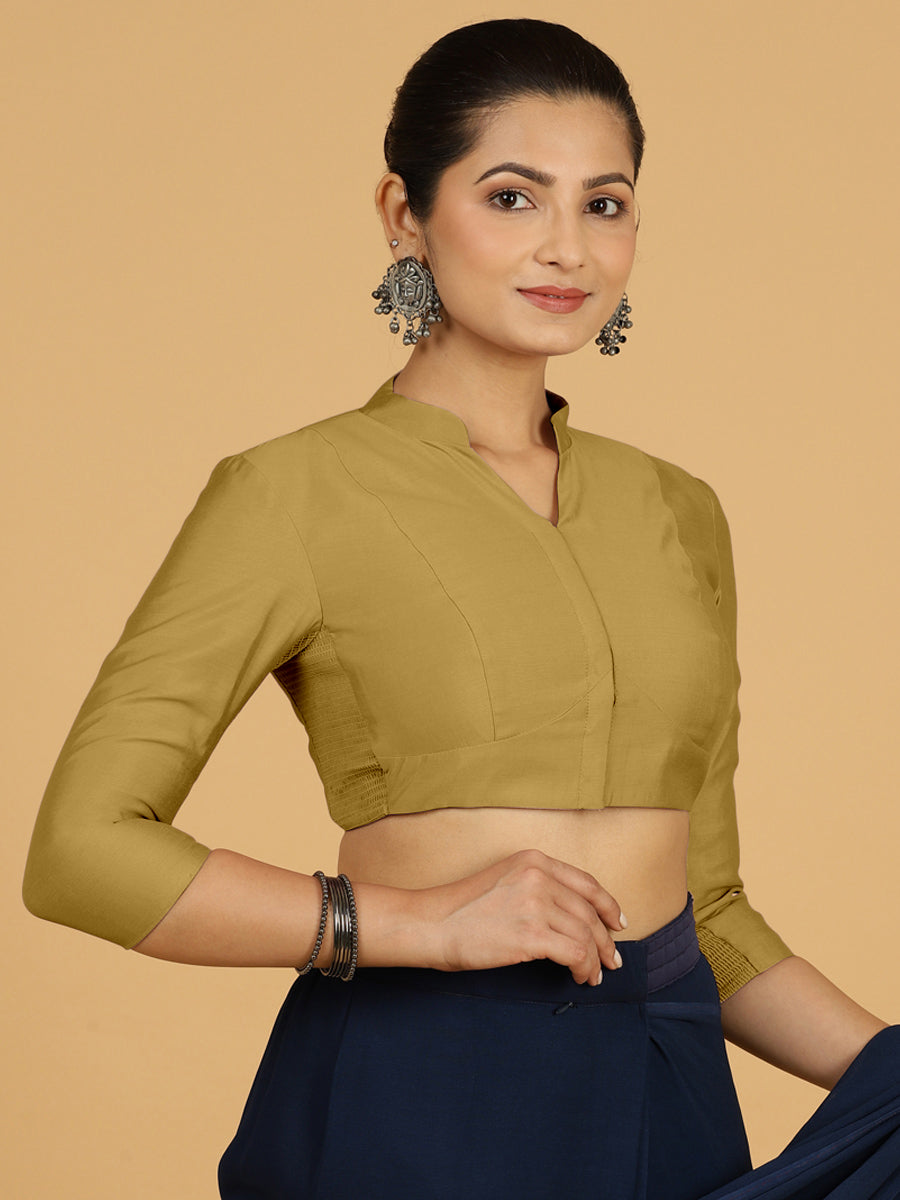 Maya x Rozaana Saree Blouse, in Yellow Viscose, featuring three quarter sleeves and stylised neckline, made for daily & work.