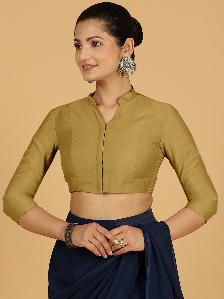 Maya x Rozaana Saree Blouse, in Yellow Viscose, featuring three quarter sleeves and stylised neckline, made for daily & work.