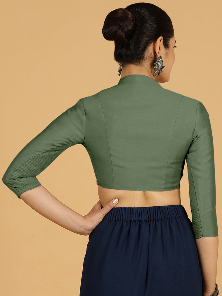 Maya x Rozaana Saree Blouse, in Green Viscose, featuring three quarter sleeves and stylised neckline, made for daily & work.