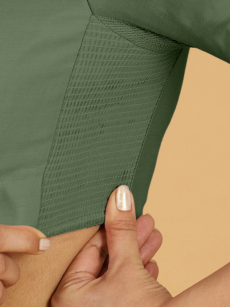 Maya x Rozaana Saree Blouse, in Green Viscose, featuring three quarter sleeves and stylised neckline, made for daily & work.