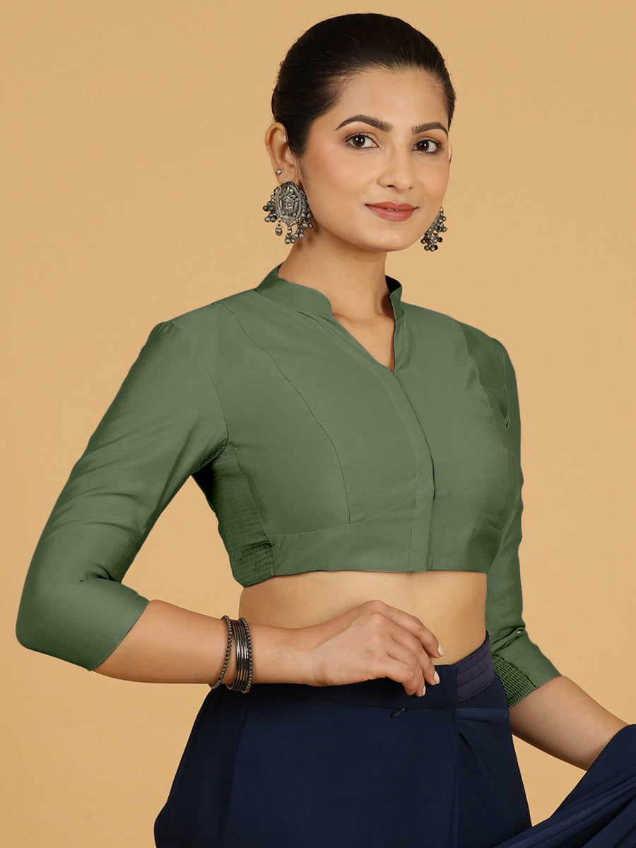 Maya x Rozaana Saree Blouse, in Green Viscose, featuring three quarter sleeves and stylised neckline, made for daily & work.