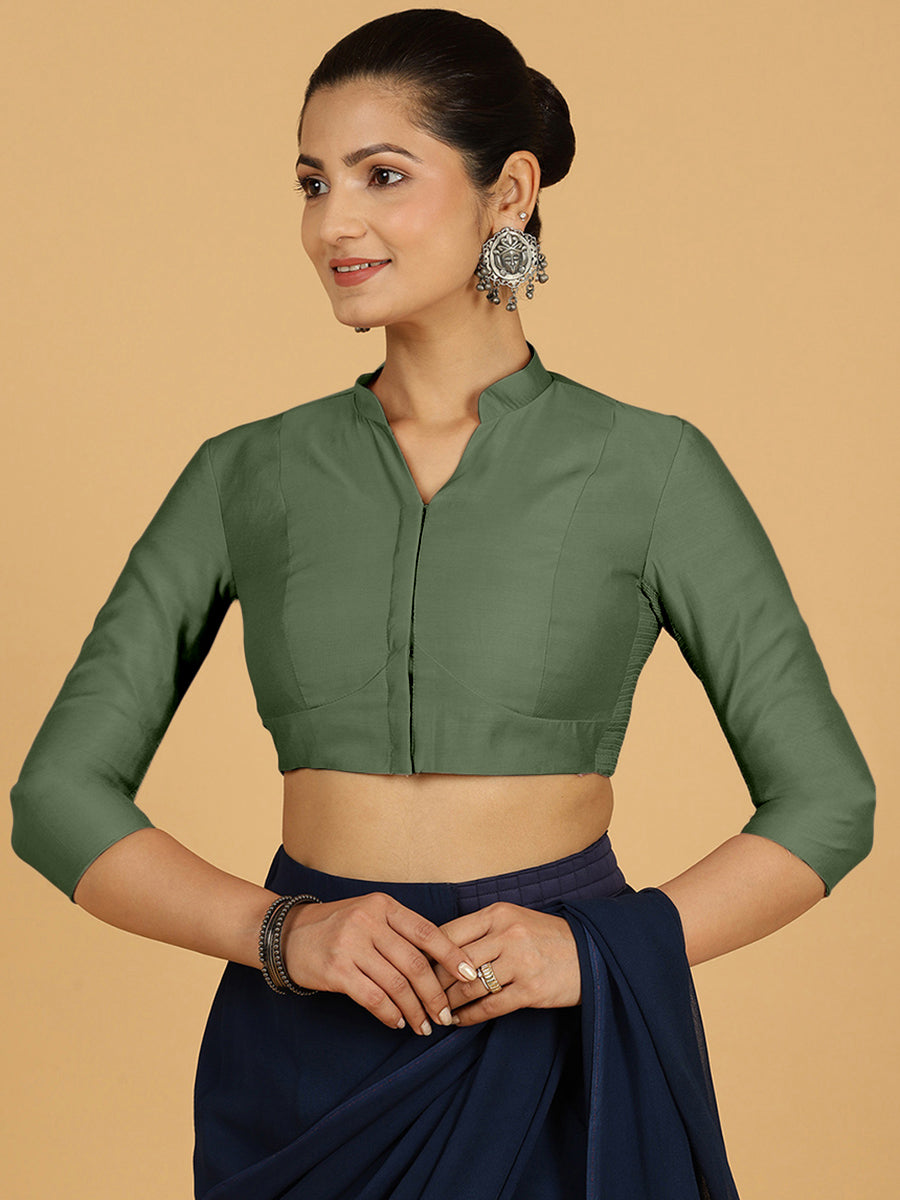 Maya x Rozaana Saree Blouse, in Green Viscose, featuring three quarter sleeves and stylised neckline, made for daily & work.
