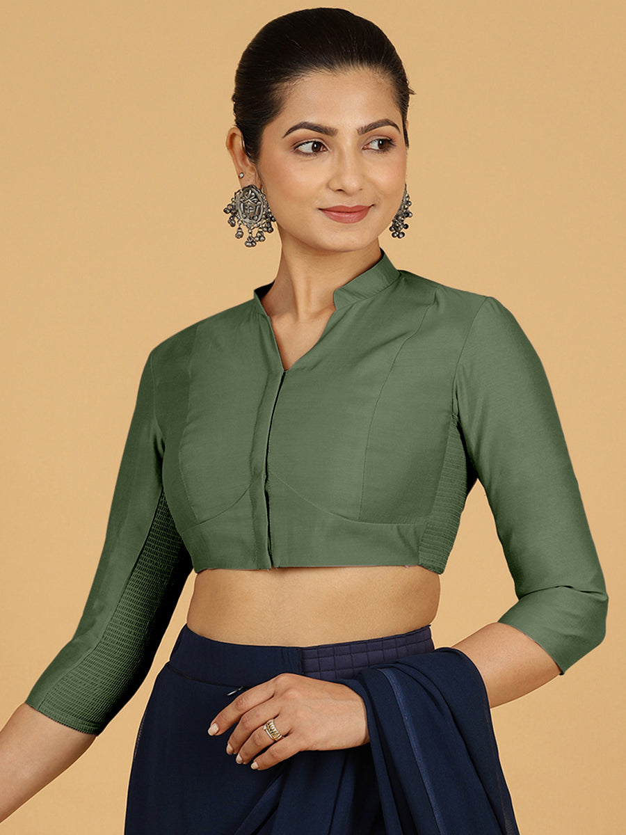 Maya x Rozaana Saree Blouse, in Green Viscose, featuring three quarter sleeves and stylised neckline, made for daily & work.