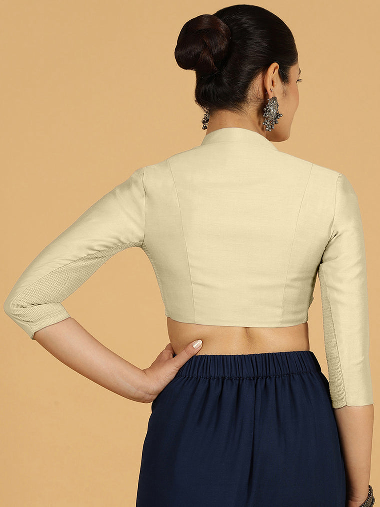 Maya x Rozaana Saree Blouse, in Cream Viscose, featuring three quarter sleeves and stylised neckline, made for daily & work.