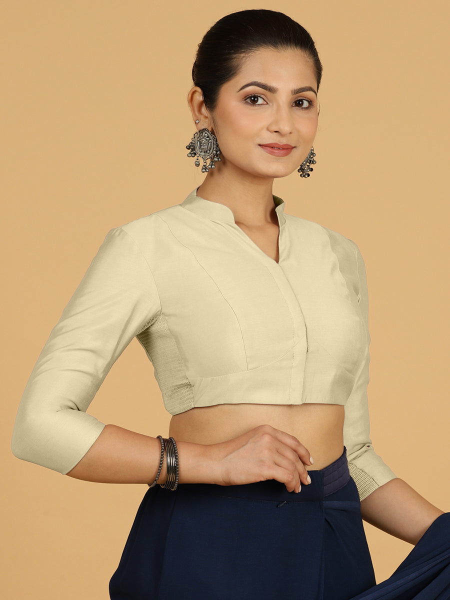 Maya x Rozaana Saree Blouse, in Cream Viscose, featuring three quarter sleeves and stylised neckline, made for daily & work.