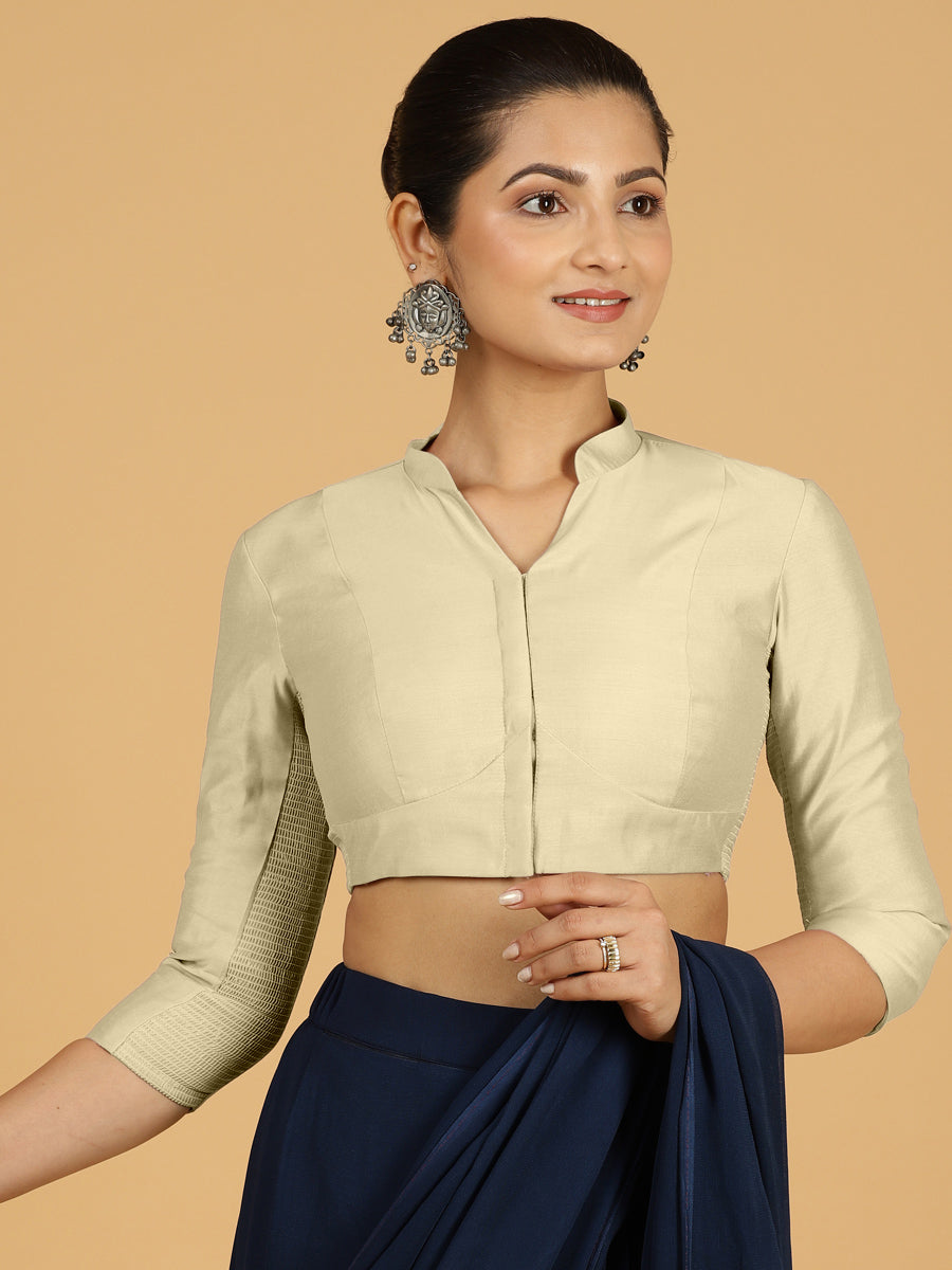 Maya x Rozaana Saree Blouse, in Cream Viscose, featuring three quarter sleeves and stylised neckline, made for daily & work.