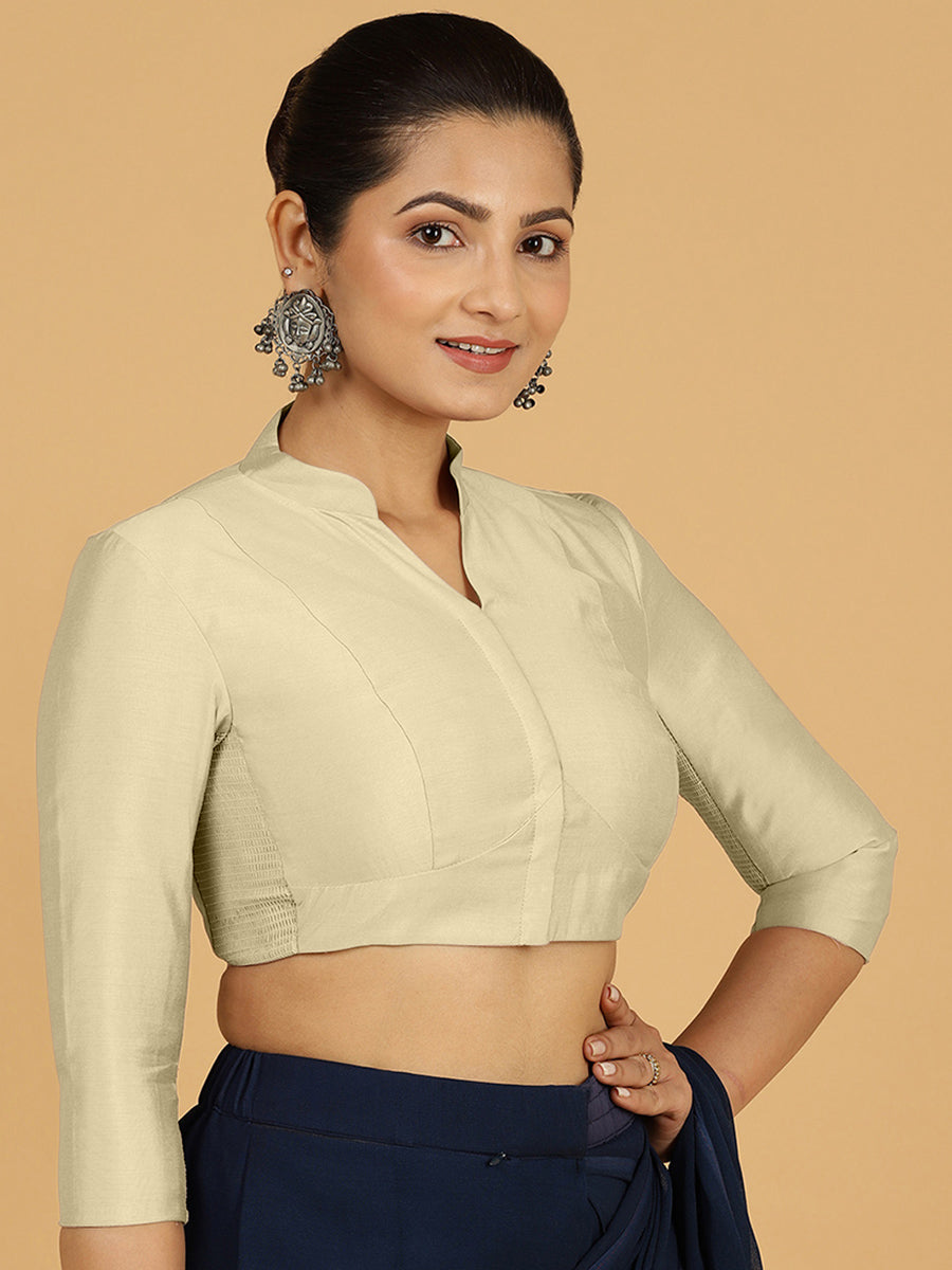 Maya x Rozaana Saree Blouse, in Cream Viscose, featuring three quarter sleeves and stylised neckline, made for daily & work.