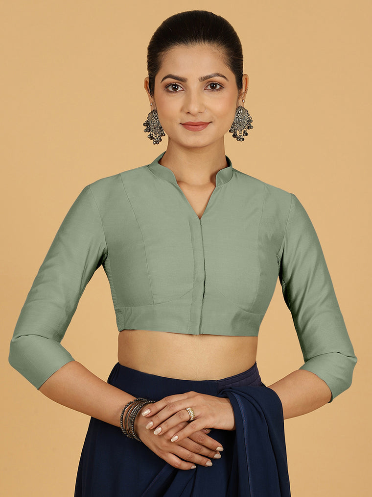 Maya x Rozaana Saree Blouse, in Green Viscose, featuring three quarter sleeves and stylised neckline, made for daily & work.