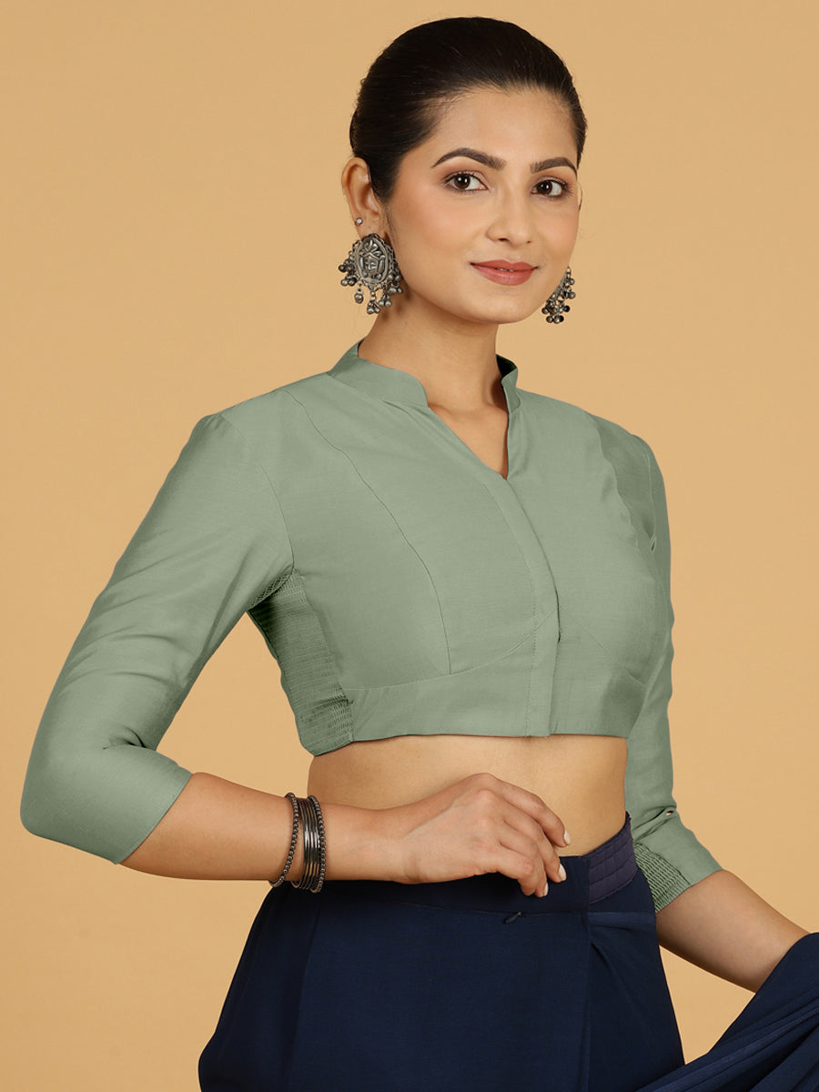 Maya x Rozaana Saree Blouse, in Green Viscose, featuring three quarter sleeves and stylised neckline, made for daily & work.