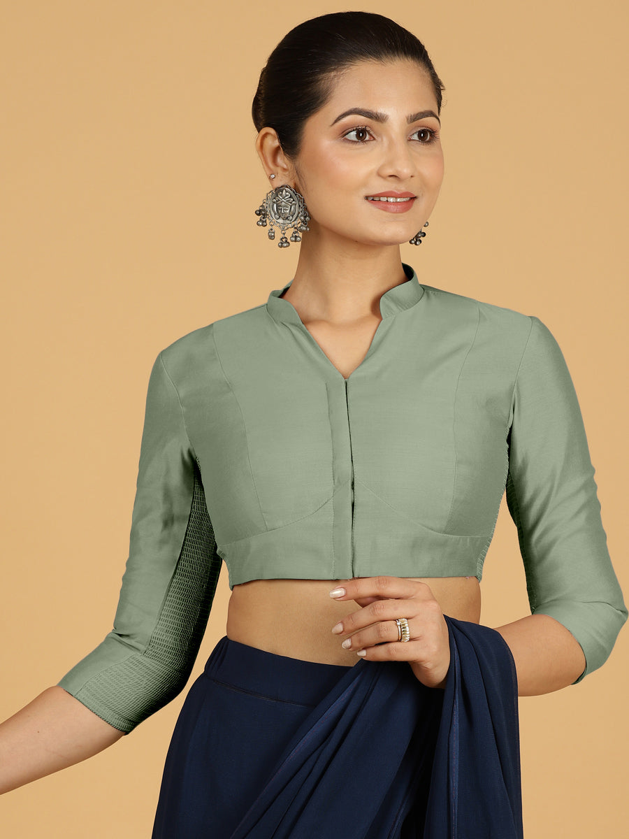 Maya x Rozaana Saree Blouse, in Green Viscose, featuring three quarter sleeves and stylised neckline, made for daily & work.