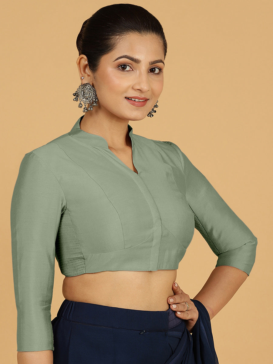 Maya x Rozaana Saree Blouse, in Green Viscose, featuring three quarter sleeves and stylised neckline, made for daily & work.