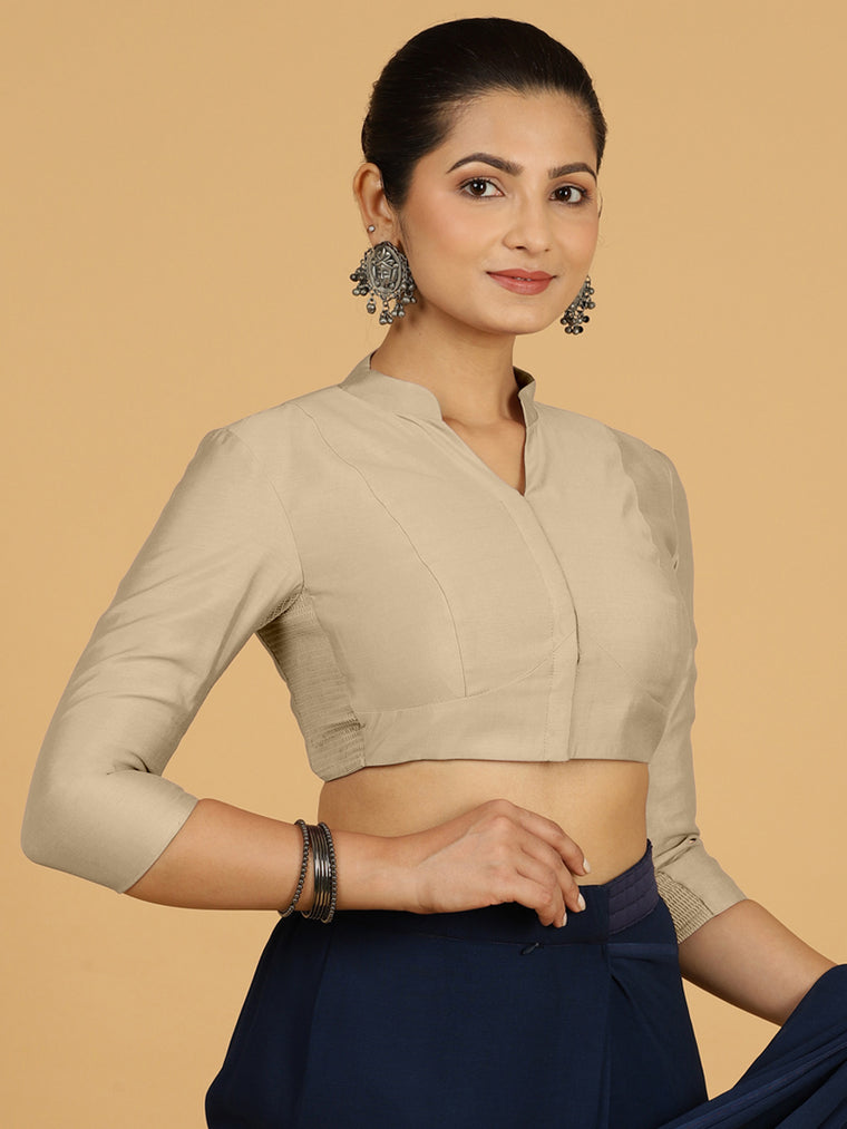 Maya x Rozaana Saree Blouse, in Grey Viscose, featuring three quarter sleeves and stylised neckline, made for daily & work.