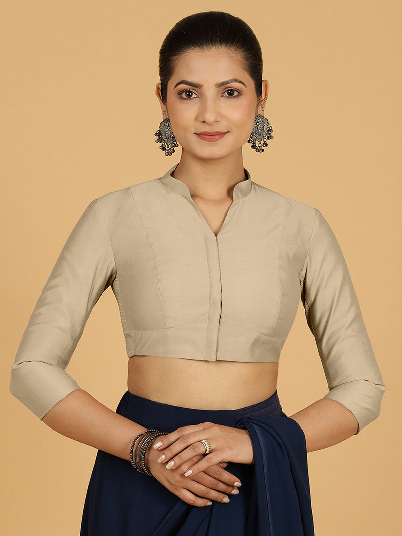 Maya x Rozaana | Three Quarter Sleeves Saree Blouse in Oyster Grey-Binks