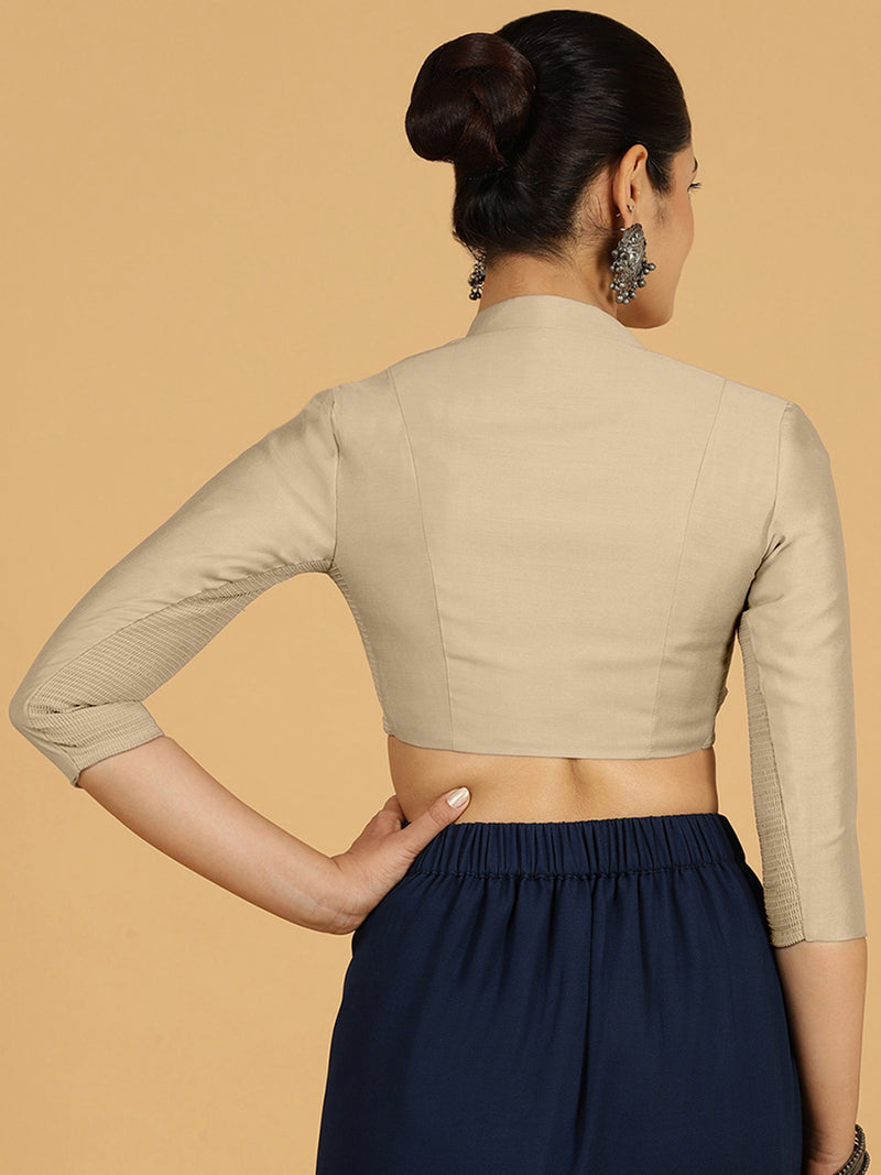 Maya x Rozaana | Three Quarter Sleeves Saree Blouse in Oyster Grey-Binks