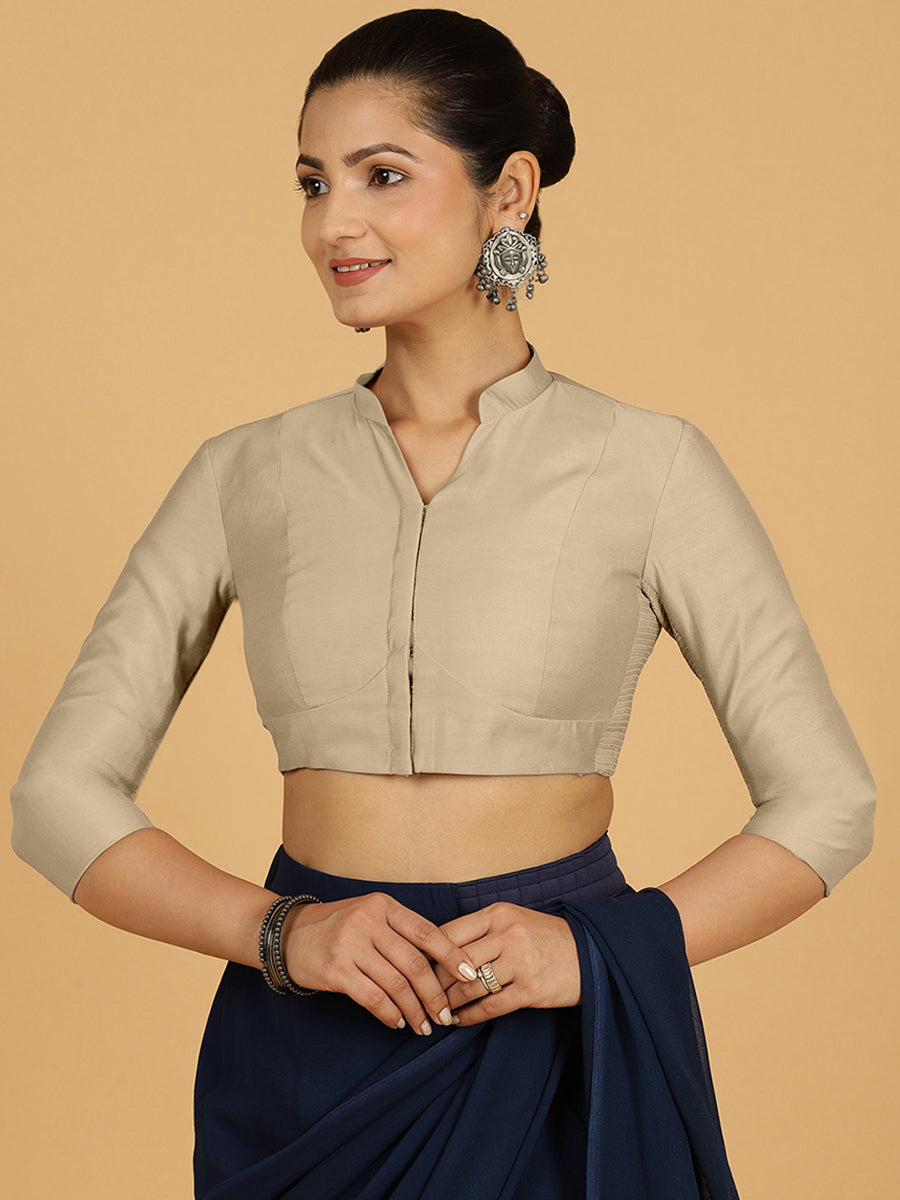 Maya x Rozaana Saree Blouse, in Grey Viscose, featuring three quarter sleeves and stylised neckline, made for daily & work.