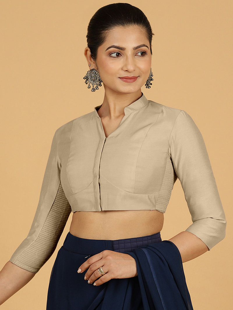 Maya x Rozaana | Three Quarter Sleeves Saree Blouse in Oyster Grey-Binks