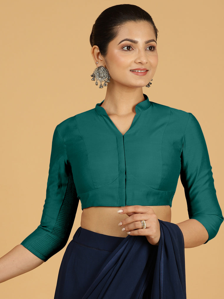 Maya x Rozaana Saree Blouse, in Green Viscose, featuring three quarter sleeves and stylised neckline, made for daily & work.