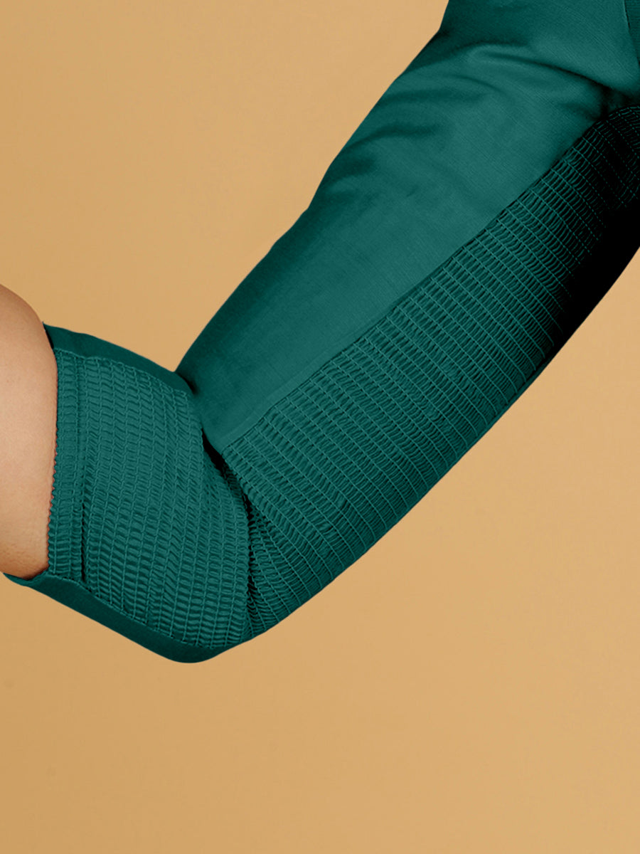 Maya x Rozaana Saree Blouse, in Green Viscose, featuring three quarter sleeves and stylised neckline, made for daily & work.