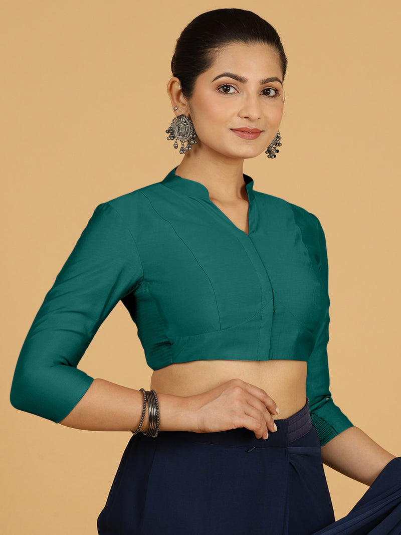 Maya x Rozaana | Three Quarter Sleeves Saree Blouse in Peacock Green-Binks