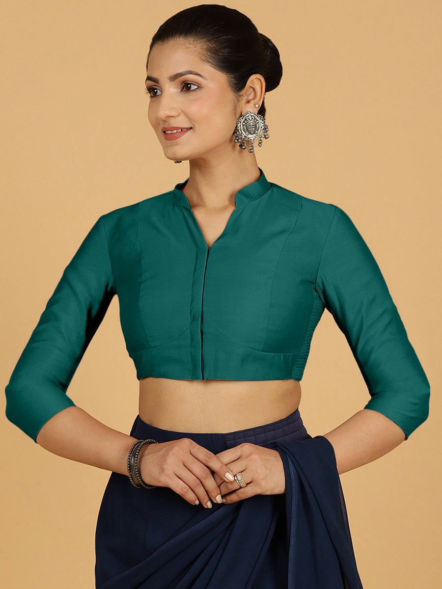 Maya x Rozaana Saree Blouse, in Green Viscose, featuring three quarter sleeves and stylised neckline, made for daily & work.