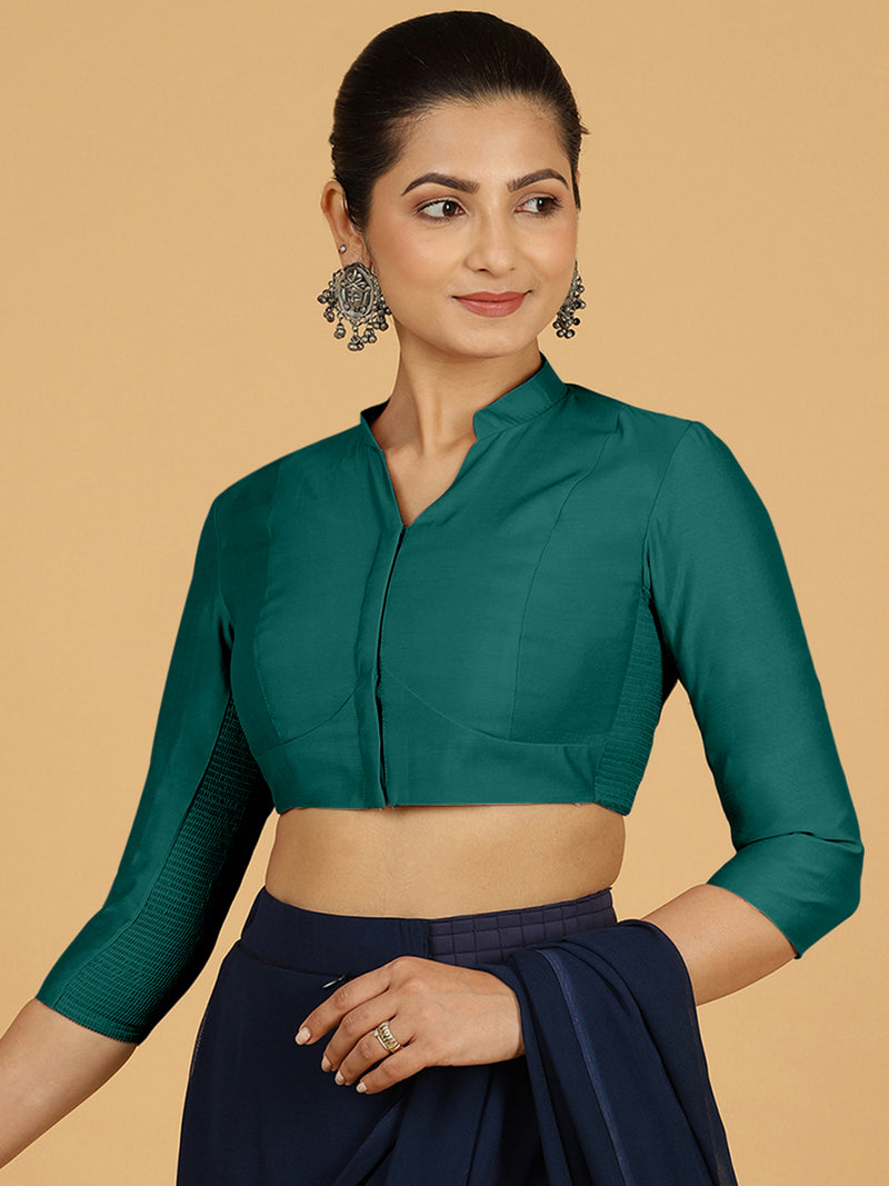 Maya x Rozaana | Three Quarter Sleeves Saree Blouse in Peacock Green-Binks