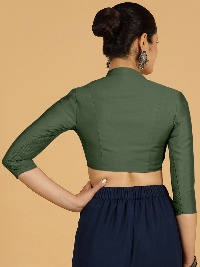 Maya x Rozaana Saree Blouse, in Green Viscose, featuring three quarter sleeves and stylised neckline, made for daily & work.